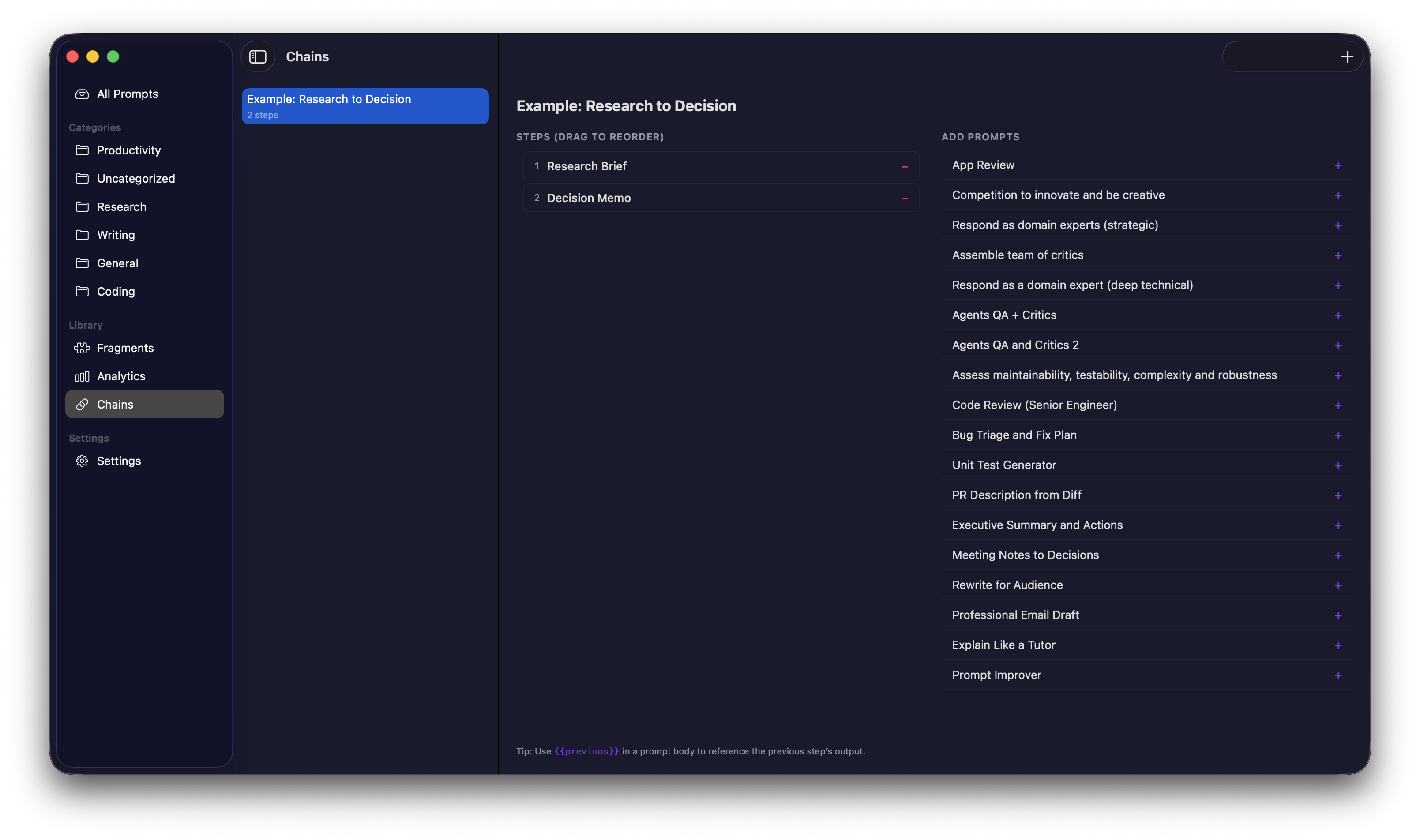 Chain editor showing multi-step prompt workflow with step-by-step execution