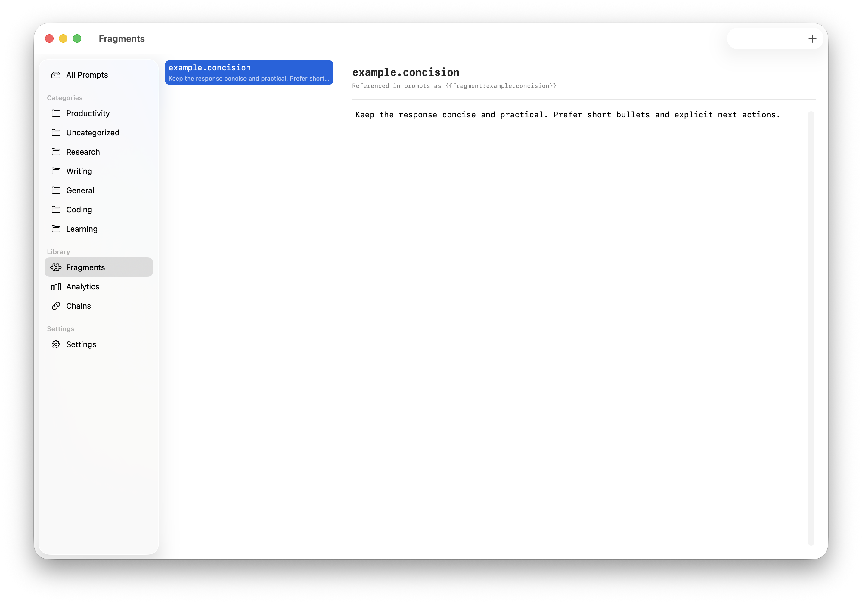 Fragment library showing reusable text blocks for embedding in prompts