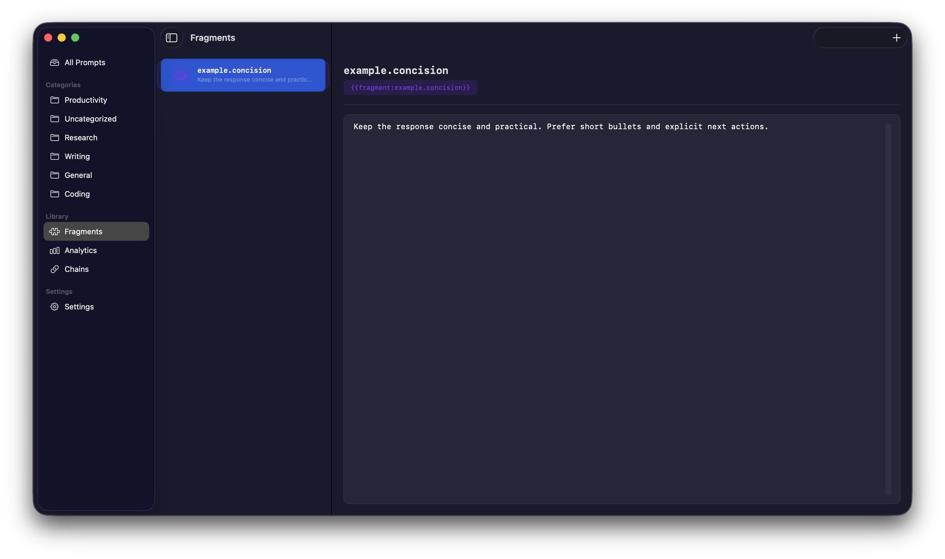 Fragment library showing reusable text blocks for embedding in prompts