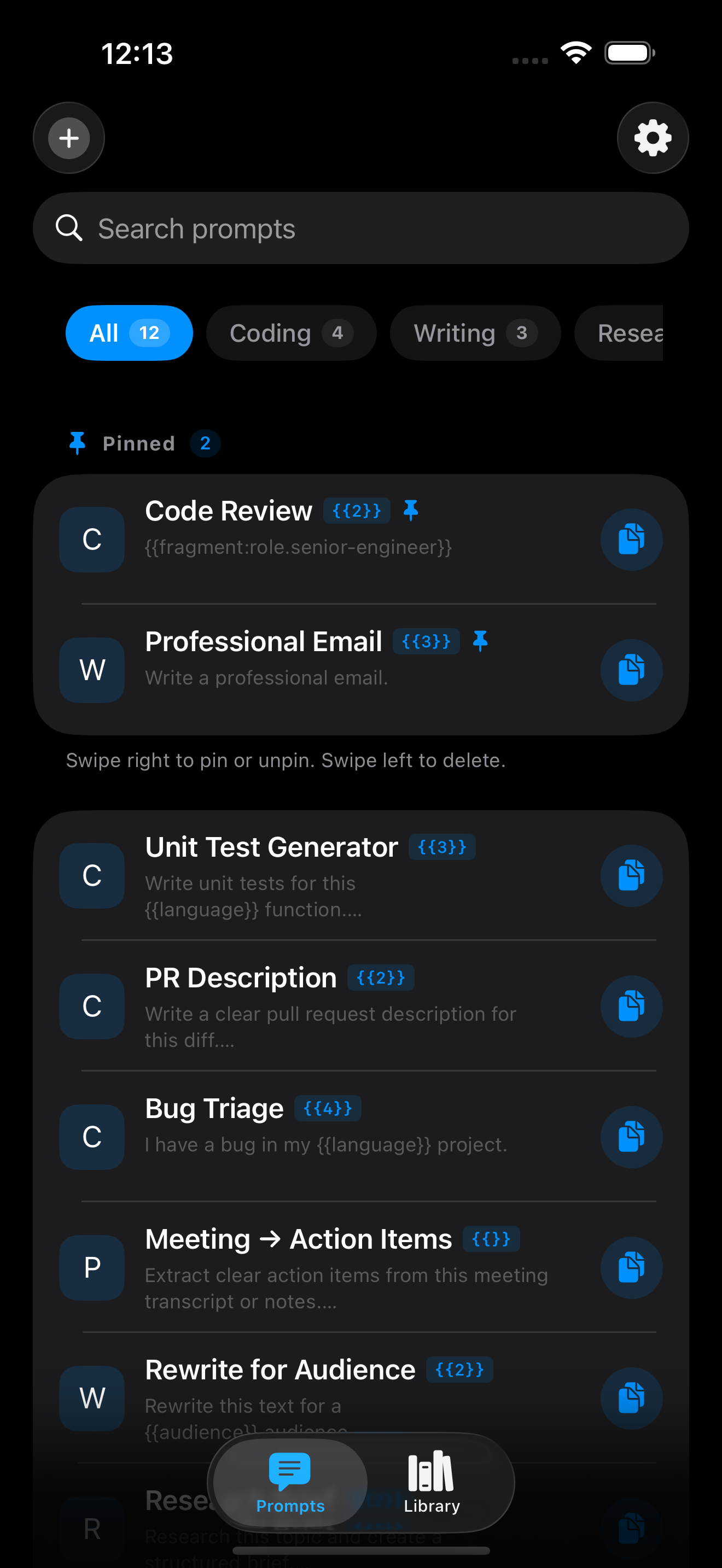 Promptuary on iPhone showing the prompt library with folders and search