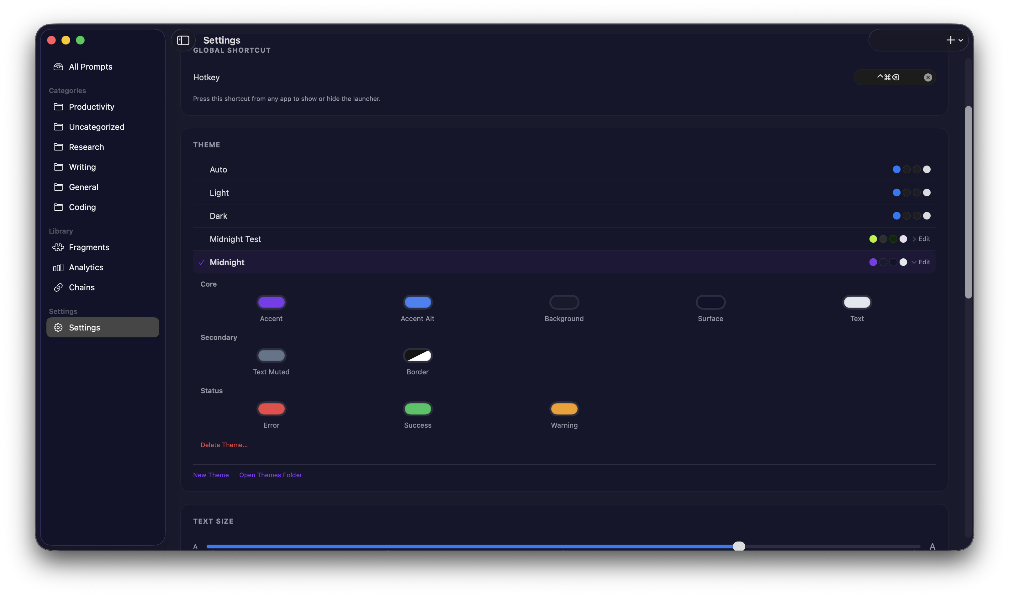 Theme editor showing customizable color swatches for accent, background, text, and status colors